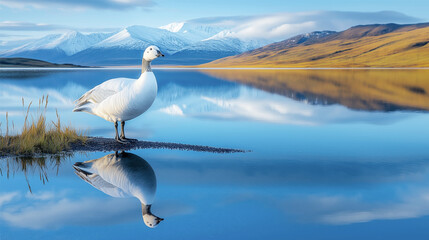 White goose standing by mountain lake, serene reflections and snow-capped peaks
