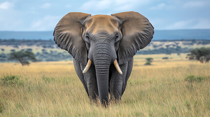 Fototapeta premium Elephant standing tall on African savanna, vast landscape with open golden plains 