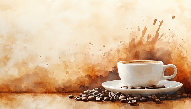 Charming watercolor artwork of coffee beans and a cup with a splash effect, featuring a textured paper background for an artistic touch