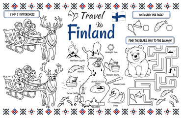 A fun placemat for kids. Printable “Travel to Finland” activity sheet with a labyrinth and find the differences. 17x11 inch printable vector file