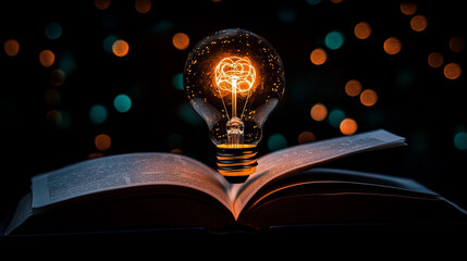 Glowing Light Bulb on Open Book with Bokeh Background   Knowledge  Ideas  Inspiration
