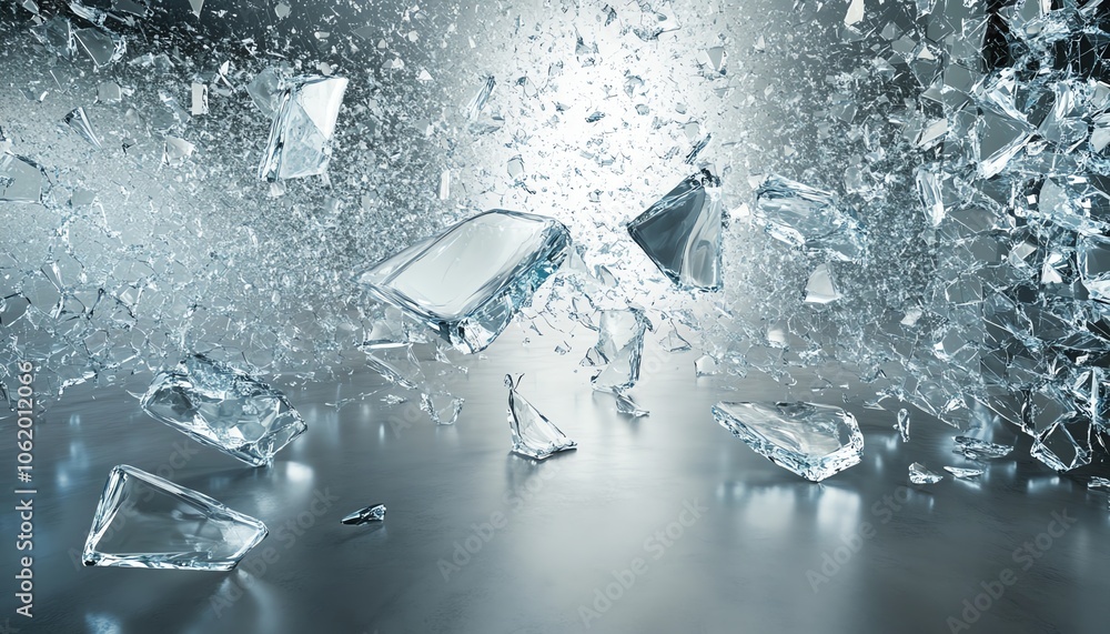Poster panoramic banner featuring broken glass shards in an abstract futuristic design, showcasing dynamic 