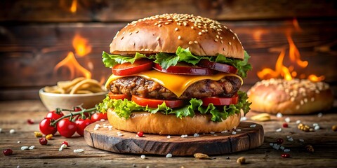 A towering burger with melted cheese, crisp lettuce, and juicy patties.