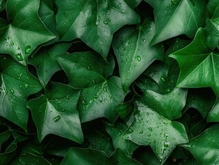 Fototapeta premium Ivy leaf closeup with water droplets, rich green tones, high detail, soft natural light, vibrant and fresh