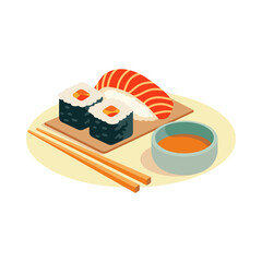 Sushi platter with two maki rolls, nigiri, and soy sauce © ommus