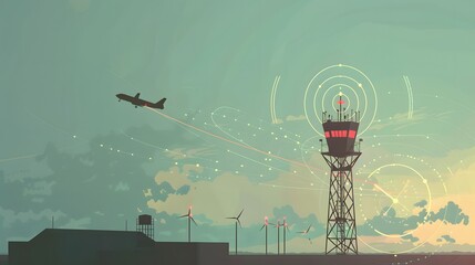 Futuristic Antenna Tower with Wind Turbines on Scenic Cloudy Landscape