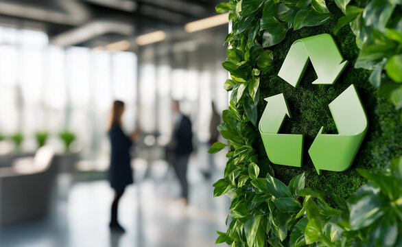 Green wall with a recycling symbol, symbolizing eco-friendly practices in a modern corporate office setting. - Powered by Adobe