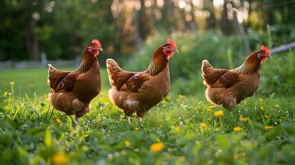 Three chickens are standing in a field of grass