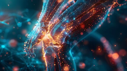 A glowing, abstract image of a human body with a skeleton and a hand