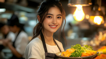 Smiling Woman Holding a Plate of Food - Realistic Image