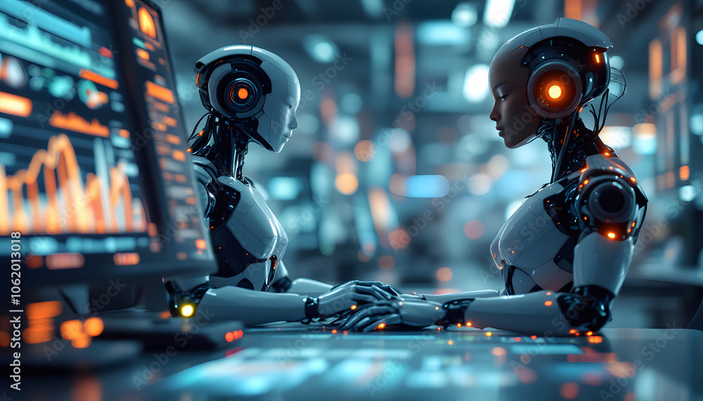 Poster humanoid robots discussing kpis and insights on digital dashboard