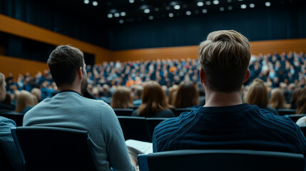Rear view of audience listening to a speaker in a conference hall at a business event
