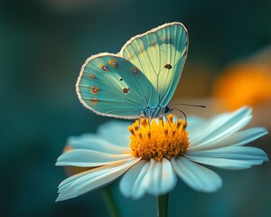 Obraz premium Beautiful green butterfly perched delicately on a flower, showcasing vibrant wings and intricate patterns, highresolution nature image