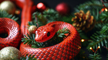 Fototapeta premium 2025 Chinese new year of the snake. A snake surrounded by festive decorations