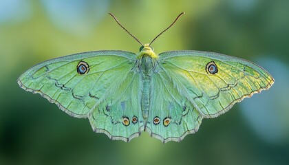 Detailed macro shot of a pretty green butterfly with intricate wing patterns, highlighting its beauty against a blurred backdrop