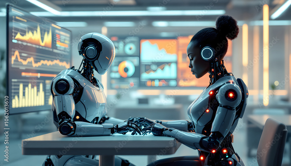 Aufkleber humanoid robots discussing kpis and insights on digital dashboard