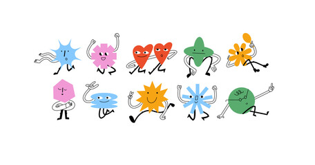 Vector illustration set of cartoon geometric shapes characters. Groovy stickers with different emotions for social media
