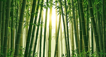 Fototapeta premium Dense bamboo forest illustration with sunlight through tall green stalks