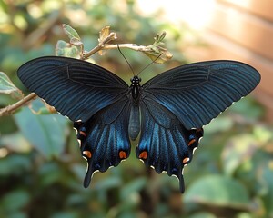 Elegant black and blue butterfly basking in sunlight on a branch, showcasing its beauty in a serene garden environment