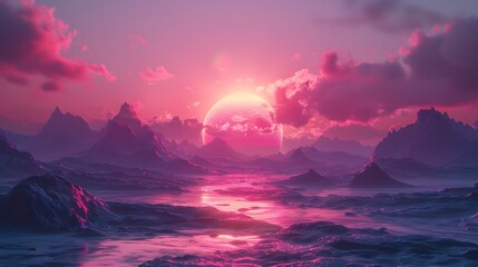 A pink and purple sky with a large glowing sun in the middle