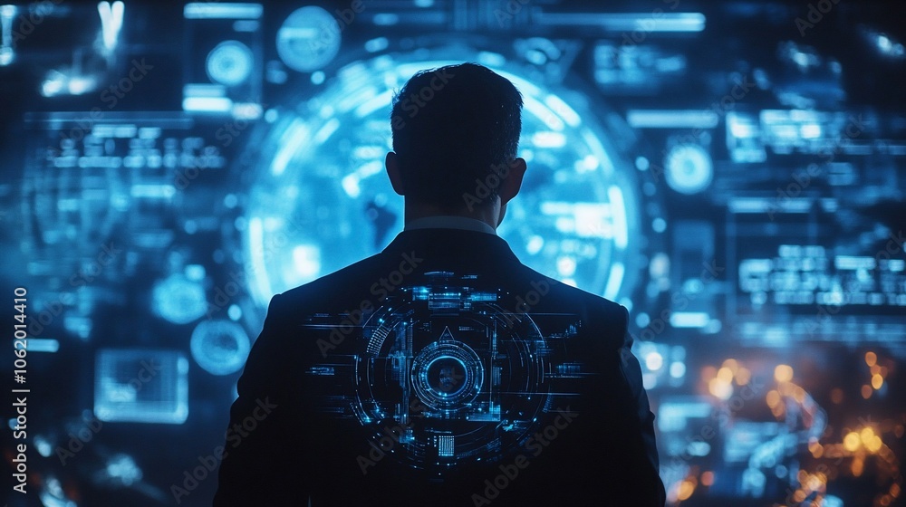 Aufkleber A businessman stands in front of a large screen displaying a holographic image of the earth, surrounded by data and technical information.