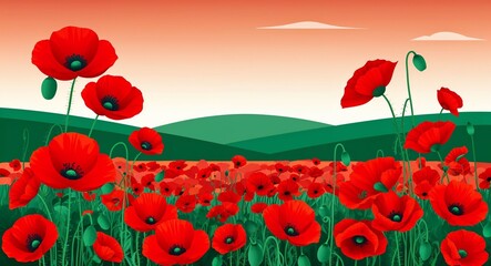 Fototapeta premium Field of poppies illustration with red blooms distant hills