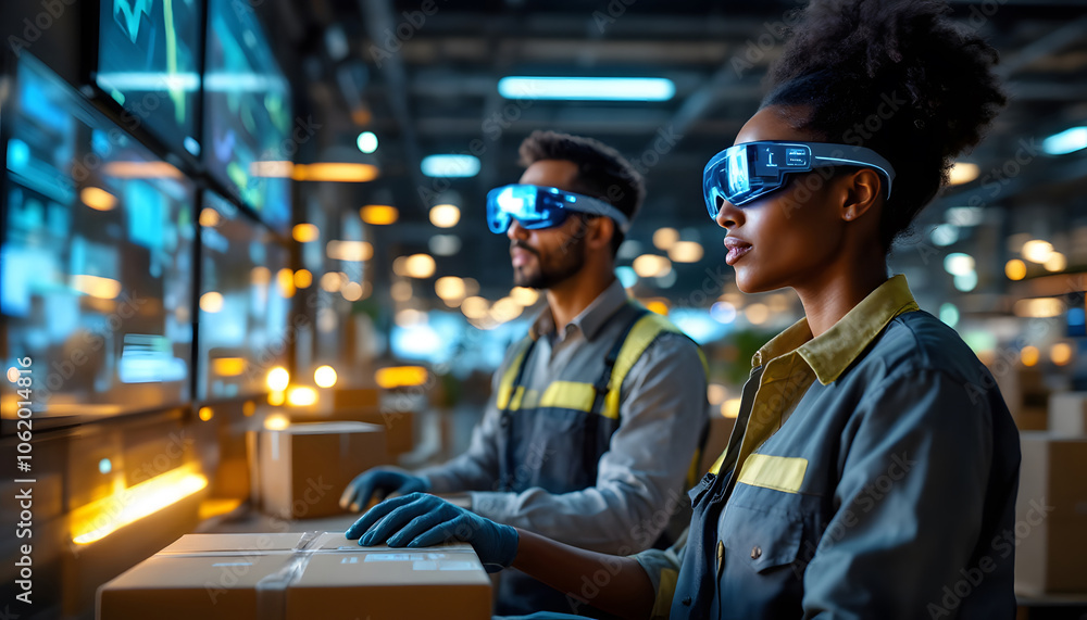 Poster engineers wearing ar/vr gear collaborate in a high-tech factory, surrounded by robotic arms assembli