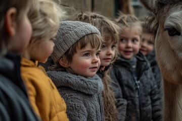 Obraz premium A group of children gazes curiously at a friendly animal. Their expressions are full of wonder and joy. Connection between kids and nature is beautiful. Generative AI