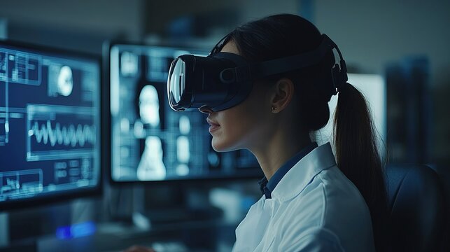 Female scientist in dark office using virtual reality for research futuristic