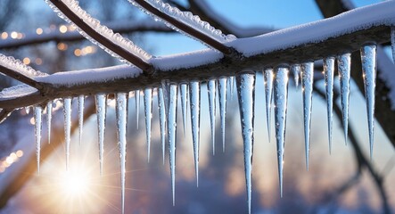 Glistening icicles illustration on tree branches under winter sunlight