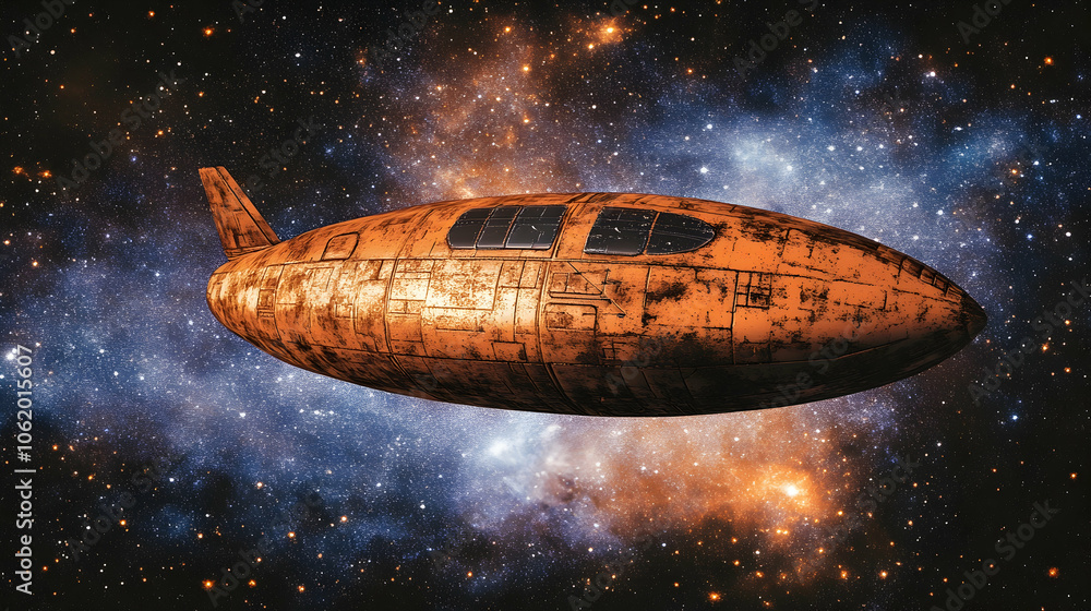 Aufkleber a rusty spaceship travels through a nebula in space.