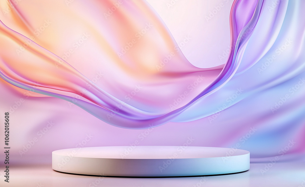 Poster abstract pastel-colored backdrop with a circular white podium, creating a soft and minimalistic pres