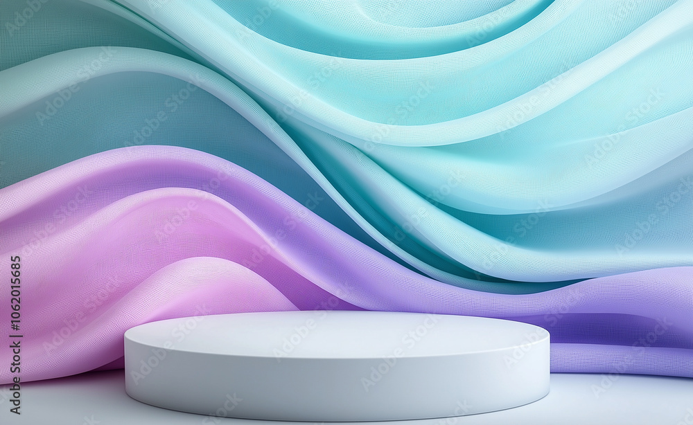 Poster abstract pastel-colored backdrop with a circular white podium, creating a soft and minimalistic pres