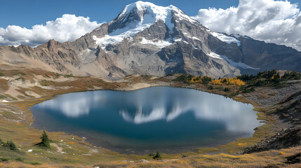 A serene mountain lake reflecting a snow-capped peak and clouds.