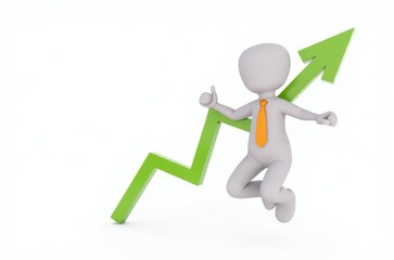 3d man red arrow success chart on white background.