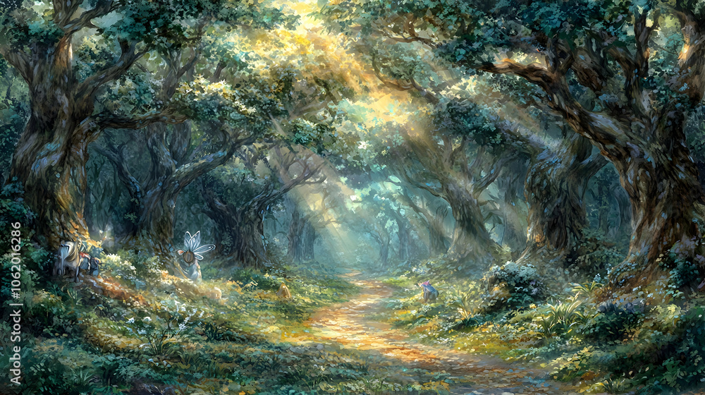 Poster a sunlit path through a mystical forest, with two figures sitting in the shade of the trees.
