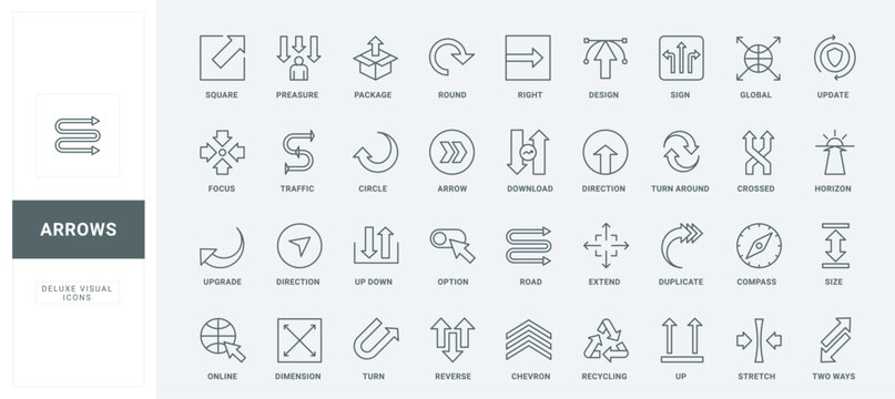 Up and down flow of progress, turn movement, direction to right and traffic sign, software update and upgrade options thin black outline symbols vector illustration. Arrow line icons set.