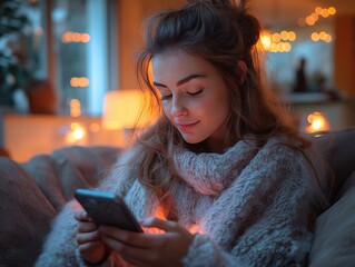 An individual is seen using an AI-driven personal finance app on a smartphone while relaxing in a cozy living room. 