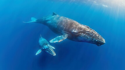Mother blue whale and her calf glide gracefully through the sunlit depths of the Indian Ocean near Sri Lanka, embodying the beauty of marine life and their habitat.