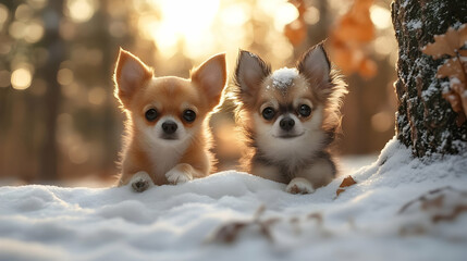 Two Cute Chihuahua Puppies Playing in the Snow - Photo