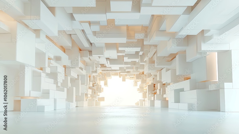 Poster abstract 3d render of interlocking rectangular shapes, dynamic geometric patterns, open composition,
