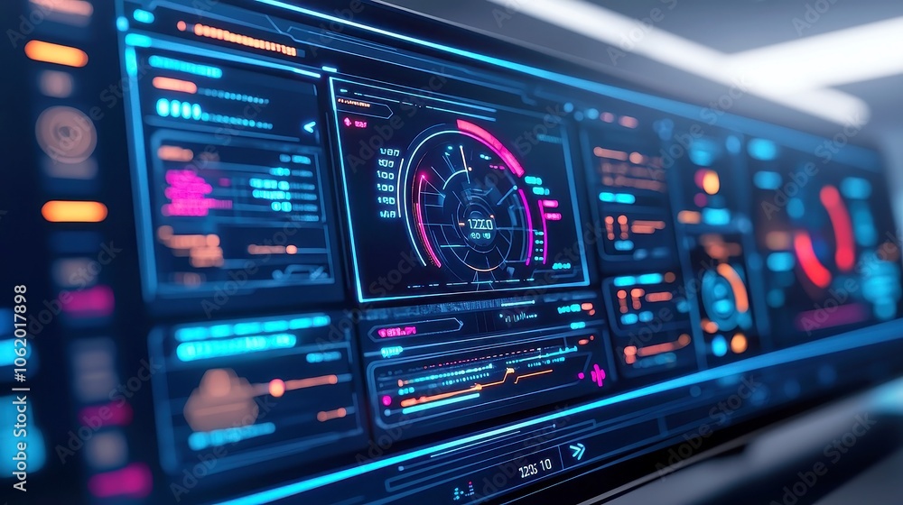 Poster futuristic motion graphic user interface, advanced digital telemetry data display, sleek background 