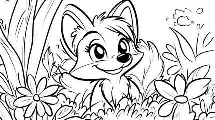 Obraz premium A Cartoon Fox Hiding In A Field Of Flowers. Coloring book illustration.