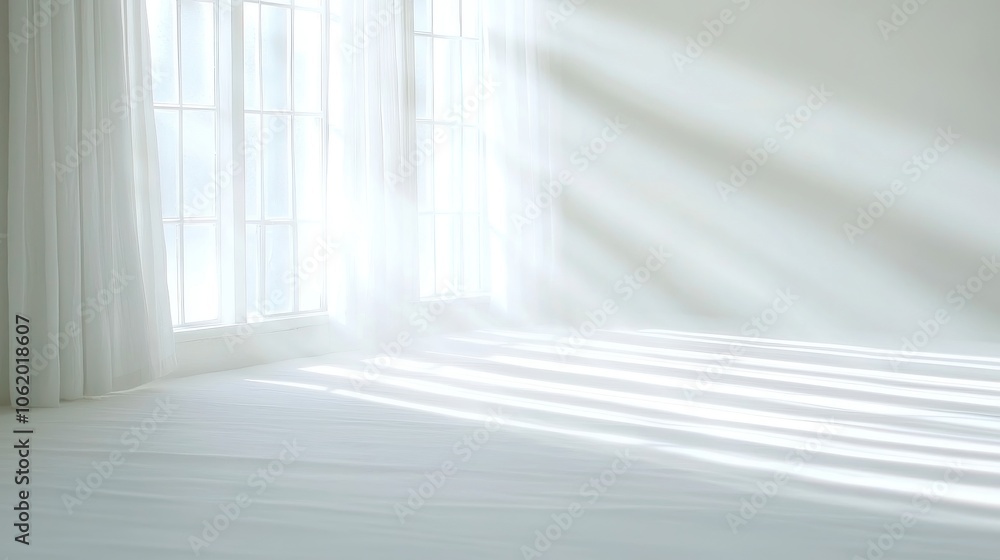 Poster dust particles dance in sunlight, illuminating a serene indoor space, with soft light rays filtering