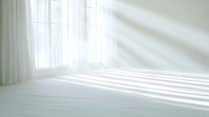 Fototapeta premium Dust particles dance in sunlight, illuminating a serene indoor space, with soft light rays filtering through a window, creating a tranquil and ethereal atmosphere.