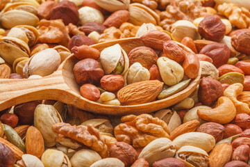 Nuts and seeds of different types with a wooden spoon closeup with selective focus - peeled walnut, hazelnuts, peeled peanut, pine nut kernels, almond seeds, cashew seeds, pistachio nuts in the shell