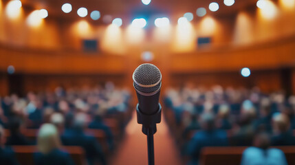 mic on the stage. Speaker at Business Conferences and Presentations.	