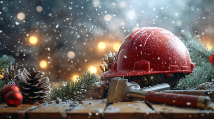 Christmas Construction Safety   Hard Hat  Pine Branches  Snow