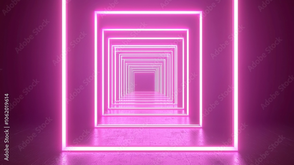 Poster neon tunnel with rotating frames, vibrant 3d animation featuring a mesmerizing neon tunnel, dynamic 