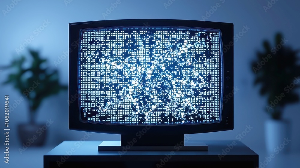 Poster Digital TV Glitch with Misplaced Squares, distorted screen filled with static effects and freezing issues, showcasing a broadcast failure in a chaotic, fragmented display.